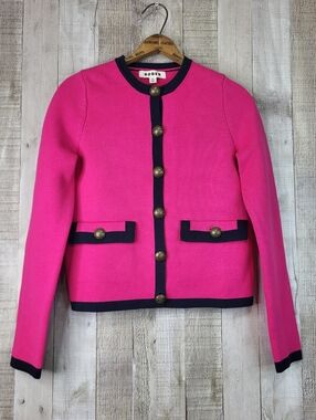 Boden Holly Knitted Jacket in Bright Pink with Navy Trim. Size 2